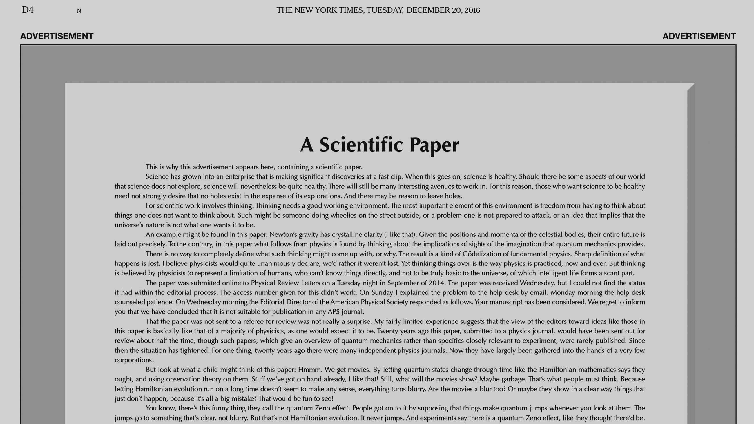 Donald McCartor couldn't get his scientific paper published in a journal. So he published it as an advertisement in The New York Times.