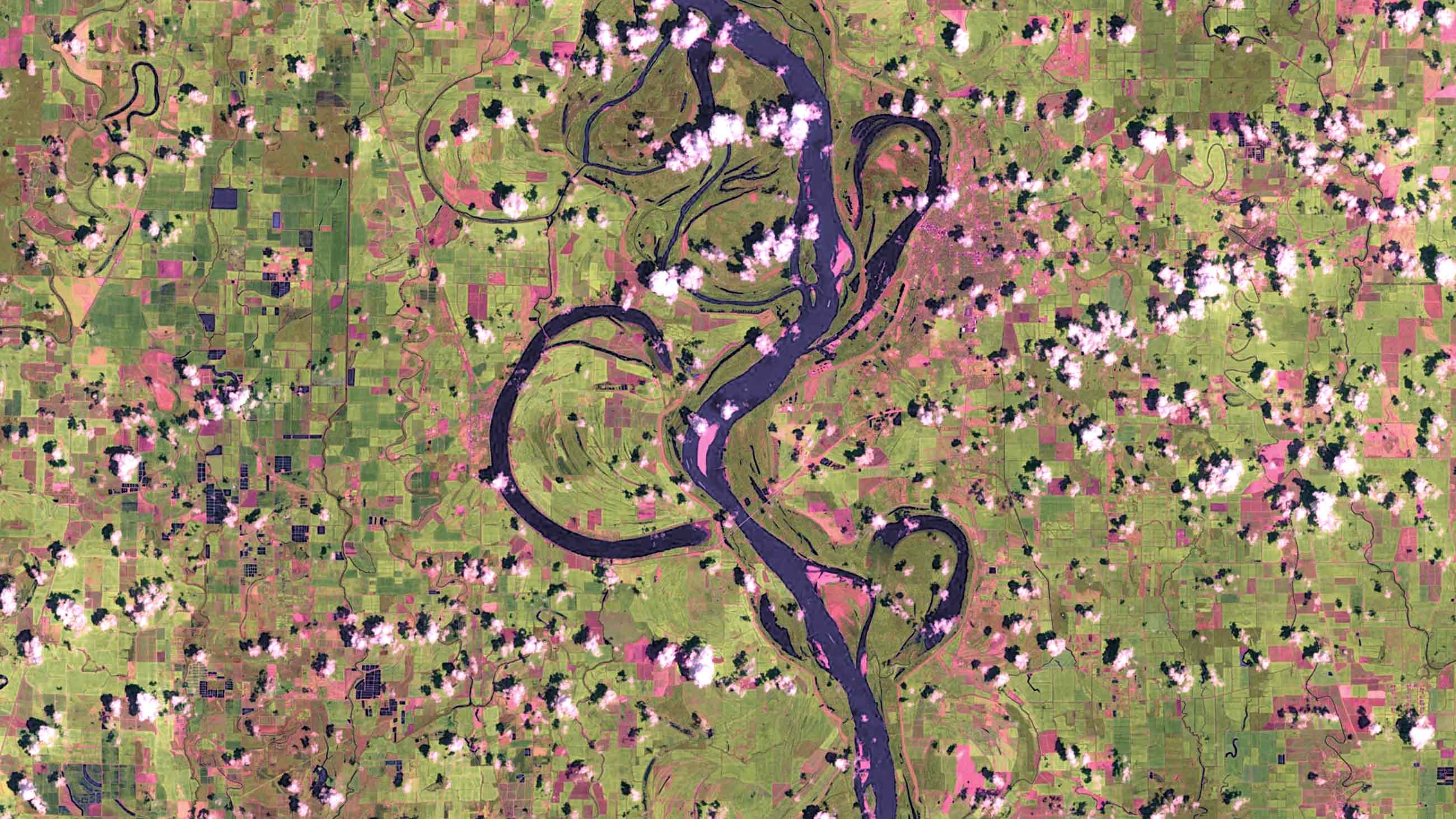 The horseshoe-shaped Lake Chicot on the left bank of the Mississippi River in Arkansas is the largest of numerous oxbow lakes that used to form through seasonal flood of the Mississippi. That doesn't happen anymore.