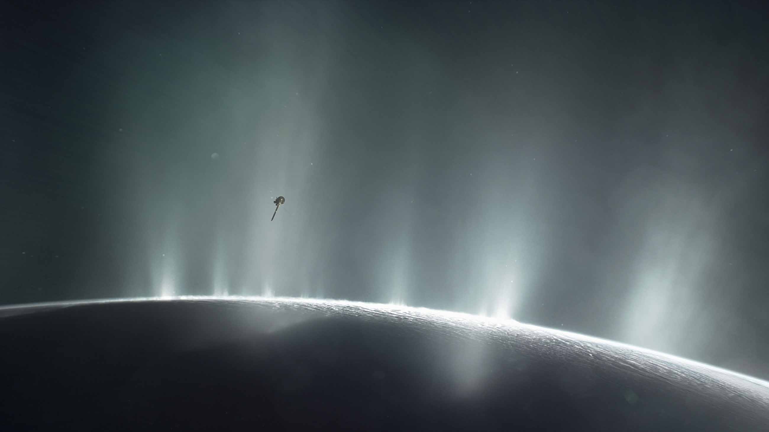 NASA's Cassini probe soars through the spray to sample a bit of Enceladus's under-ice ocean.