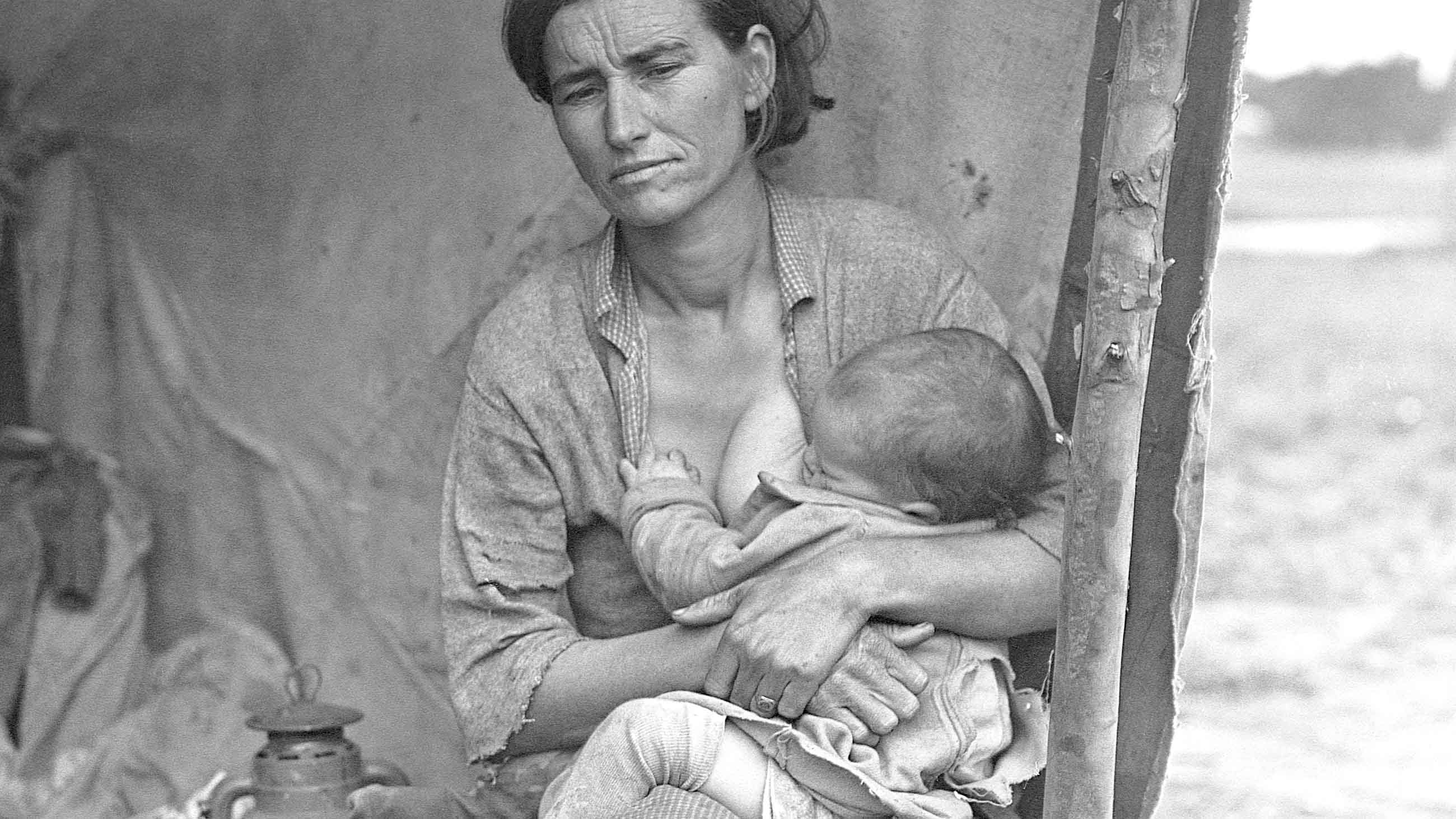 Breastfeeding takes even more energy than pregnancy. A mother and child in a California migrant workers’ camp, 1936.