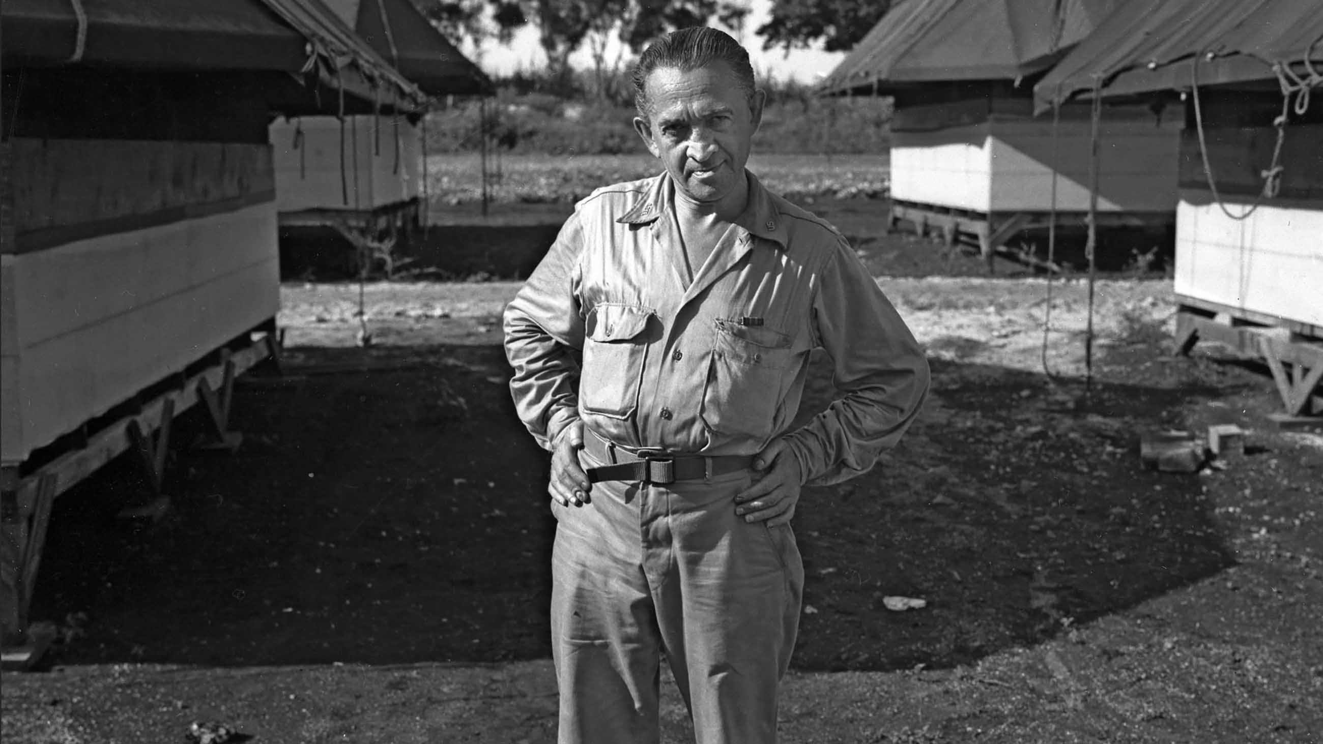 William L. "Atomic Bill" Laurence at Tinian Island in the Pacific, the launching point for the atomic bomb attacks against Hiroshima and Nagasaki.