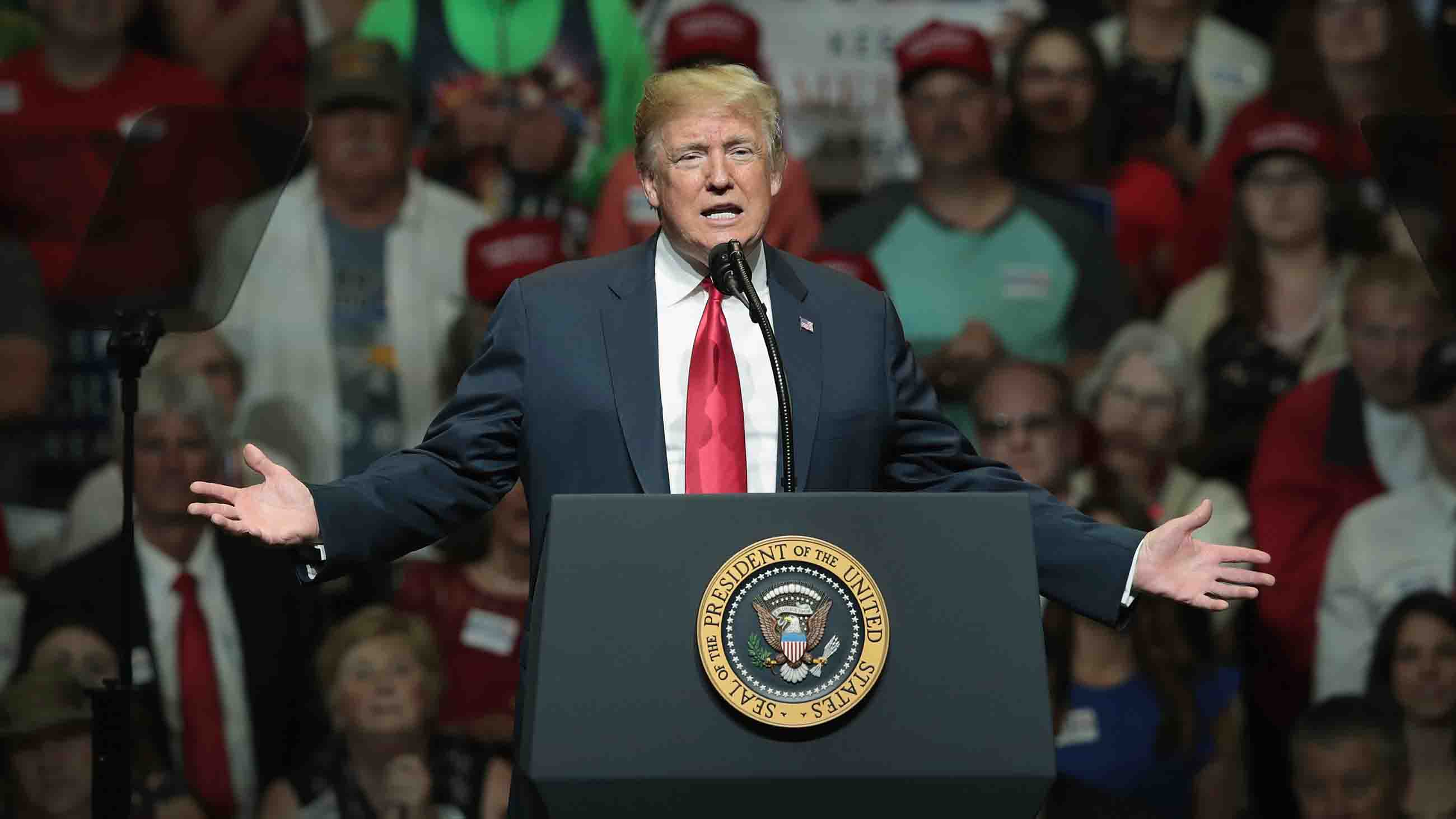 President Donald Trump speaks to supporters at a campaign rally on May 10, 2018 in Elkhart, Indiana. The crowd filled the 7,500-person-capacity gymnasium.