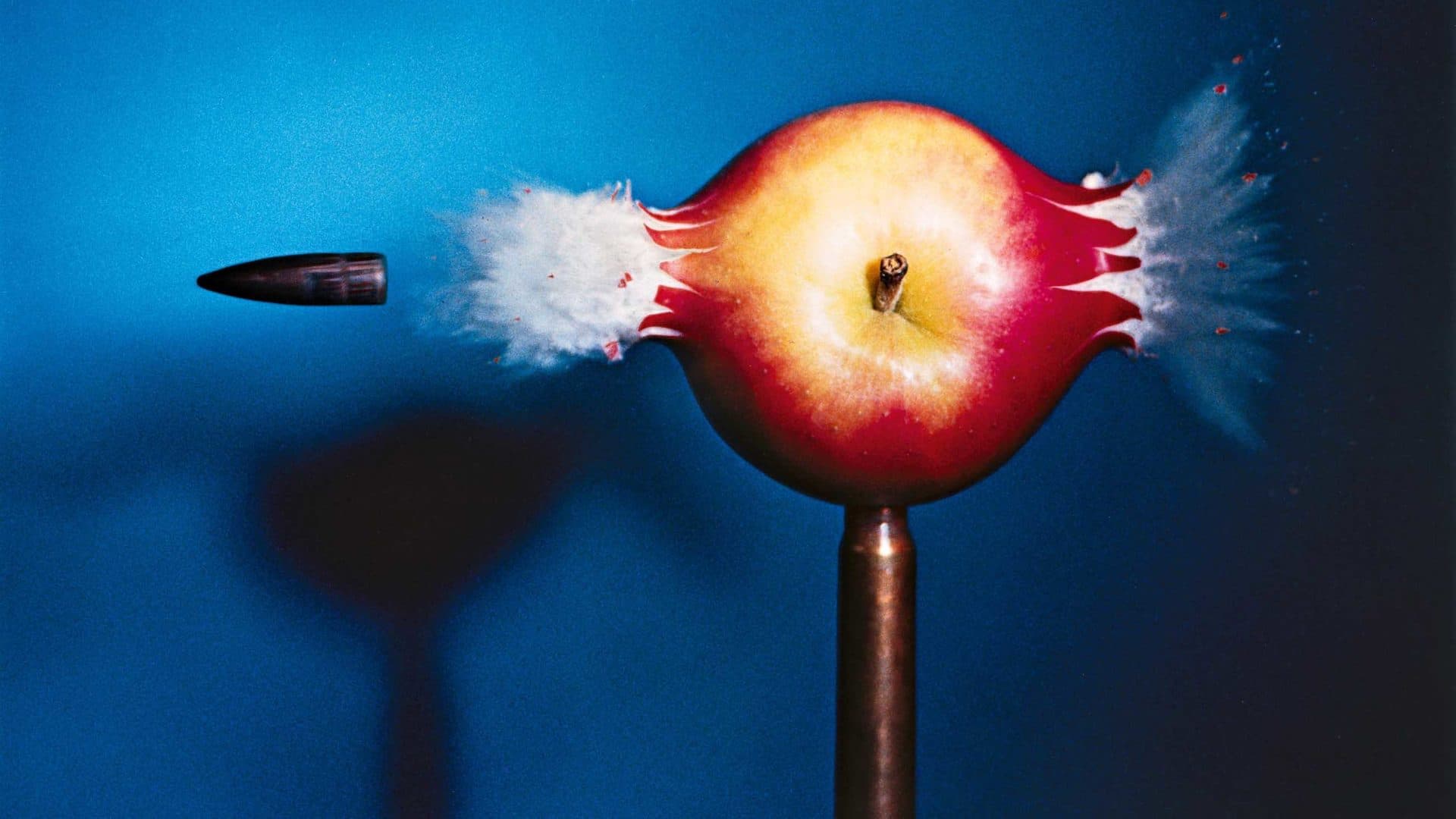 Using evermore sophisticated equipment, Edgerton pushed the boundaries of flash photography. Here, his 1964 image "Bullet through apple."