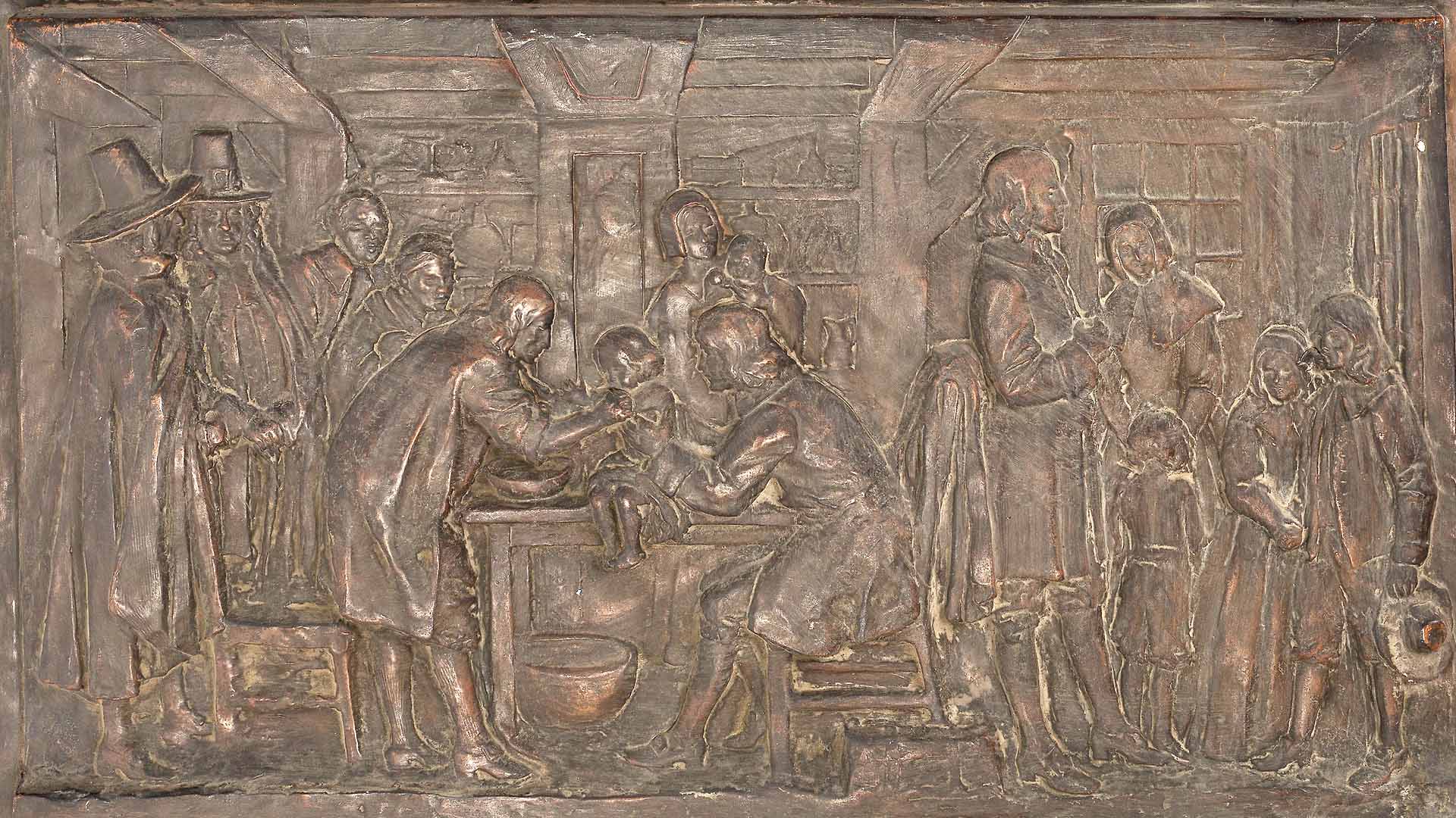 "Reverend Cotton Mather (son of Increase) using his powerful influence to overcome the prejudice against inoculation for smallpox in Boston, 1721," bronze