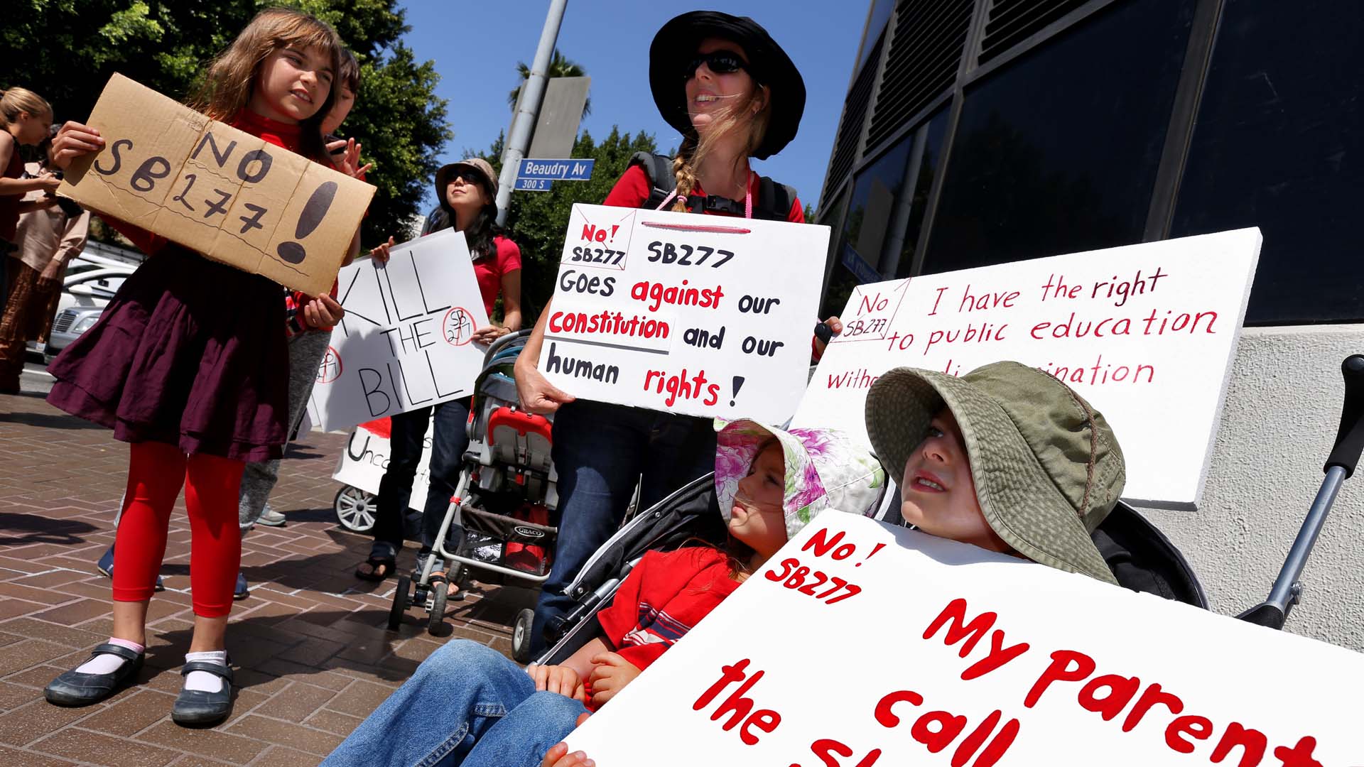 Protesters gather to oppose the efforts to end the personal belief exemption on vaccinations in California in 2015.
