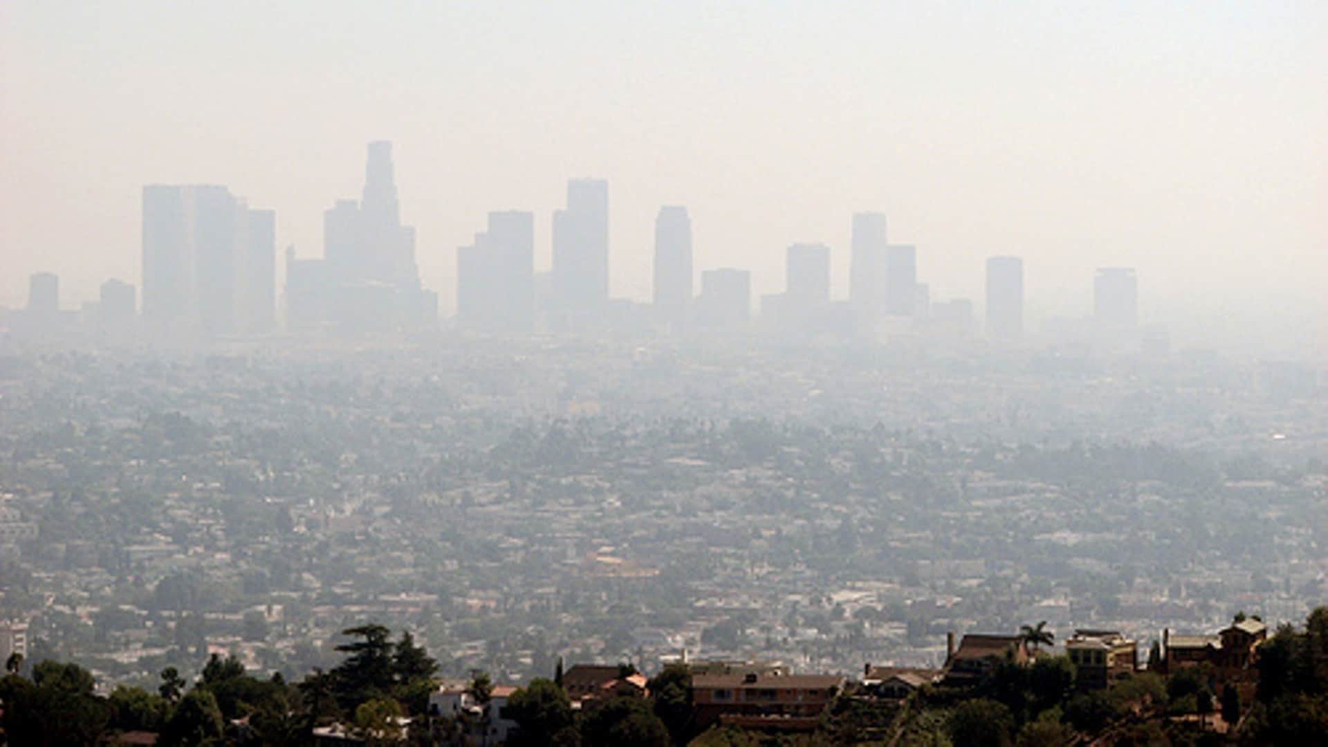 Smog bathes downtown Los Angeles, California.