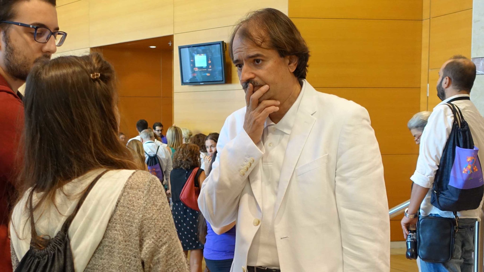 John Ioannidis chats with audience members outside an appearance at a TEDx event in Athens, Greece, in 2015.