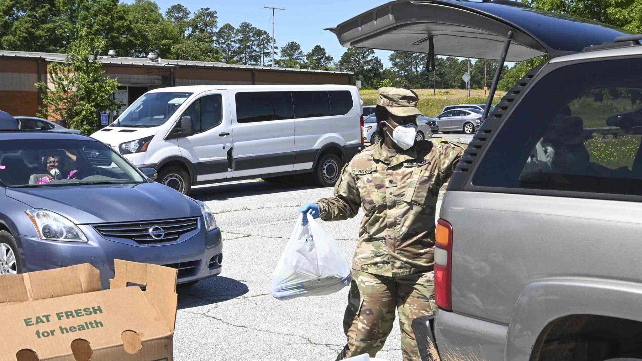 U.S. Army National Guard Soldiers with the South Carolina National Guard help distribute food in Abbeville, South Carolina in support of Second Harvest Food Bank, May 1, 2020.
