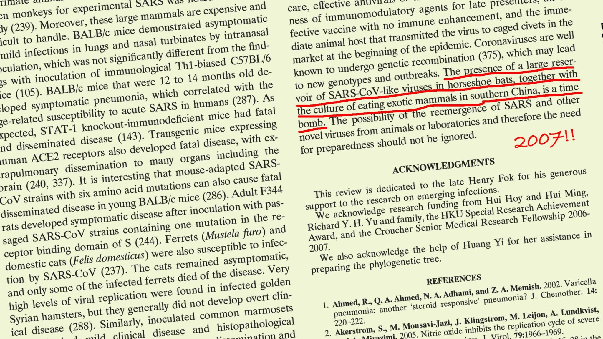Screenshot of a 2007 paper about SARS-CoV-like viruses in bats, with some text underlined in red.