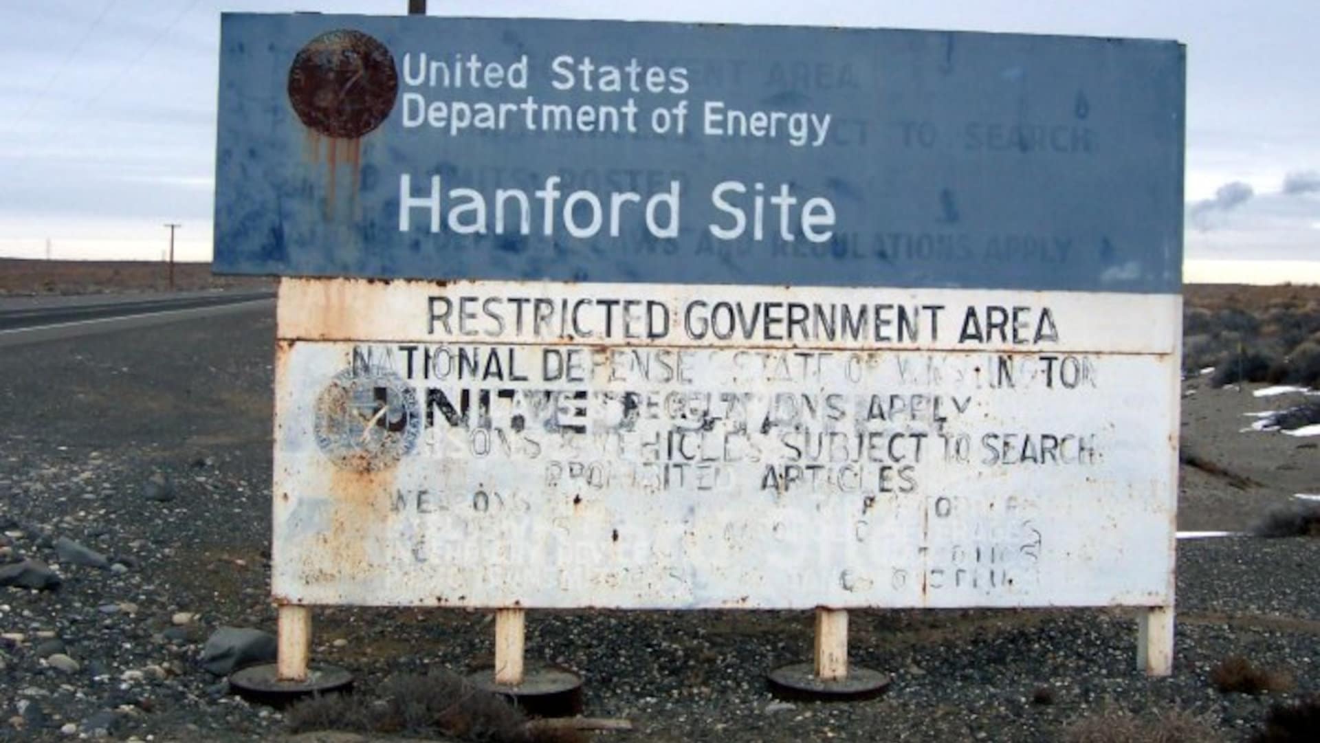 Warning sign at entry to Hanford Site, Washington, in 2005.