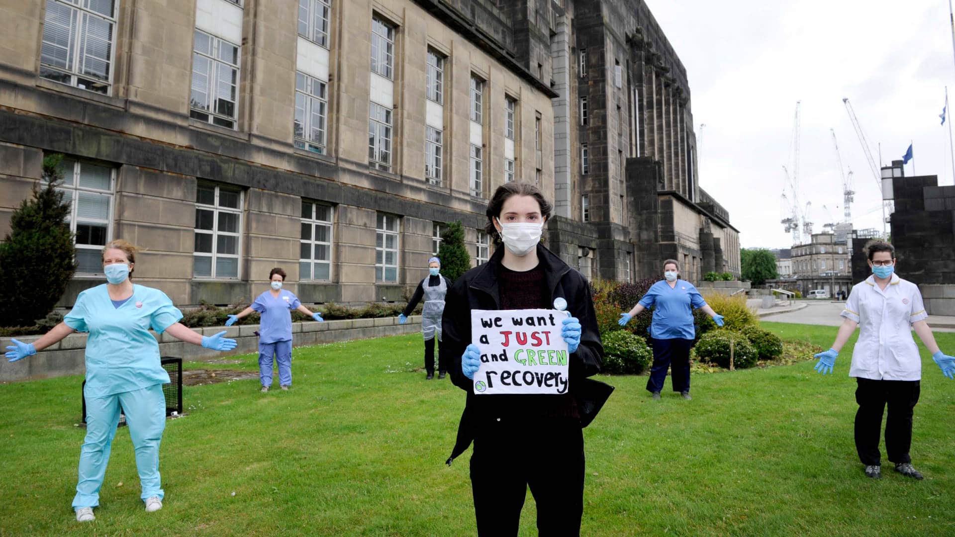 Protestors gathered outside St. Andrew’s House, Edinburgh in June to call for a coronavirus recovery plan that addresses climate and equity issues.