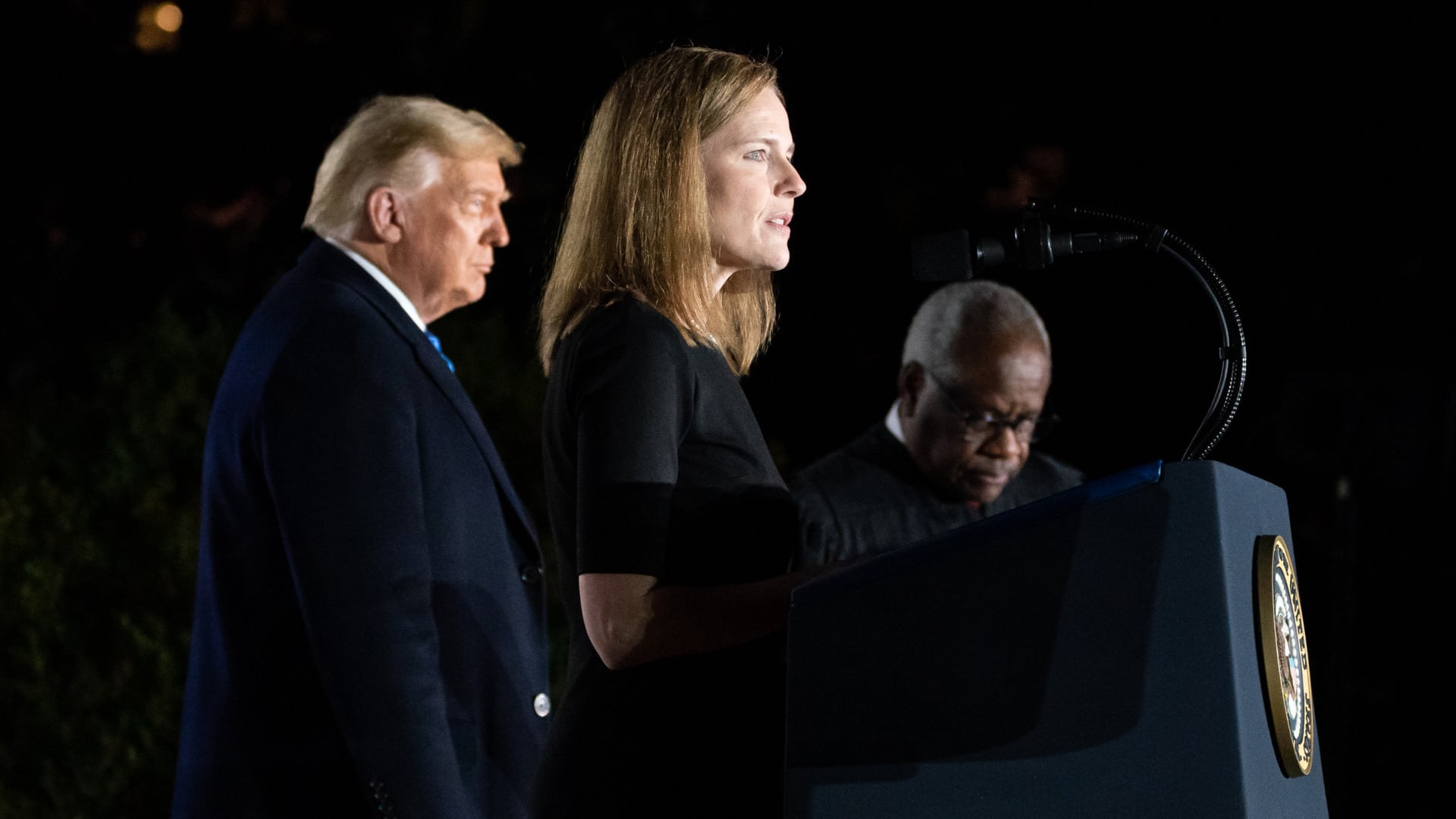 Justice Amy Coney Barrett delivers remarks during her swearing-in ceremony on October 26, 2020.