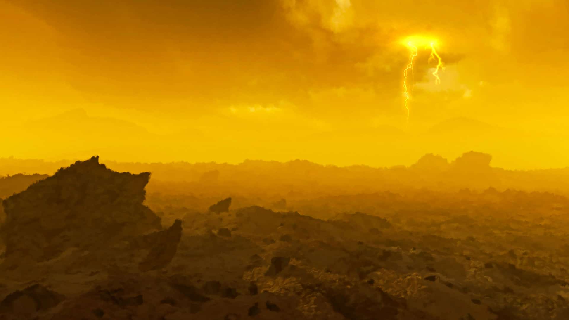 Illustration of the surface of Venus, with thick sulfuric acid clouds blocking the sun.