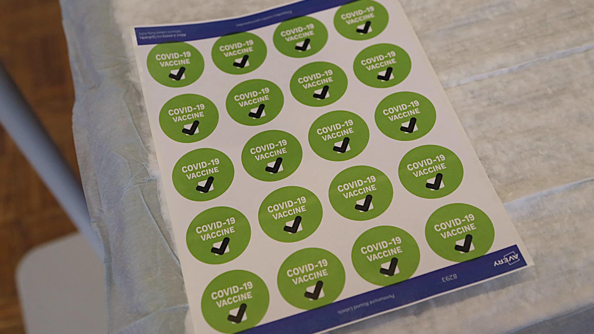 Stickers await those who get vaccinated for Covid-19 at Rhode Island Hospital in Providence, RI on Dec. 14, 2020.