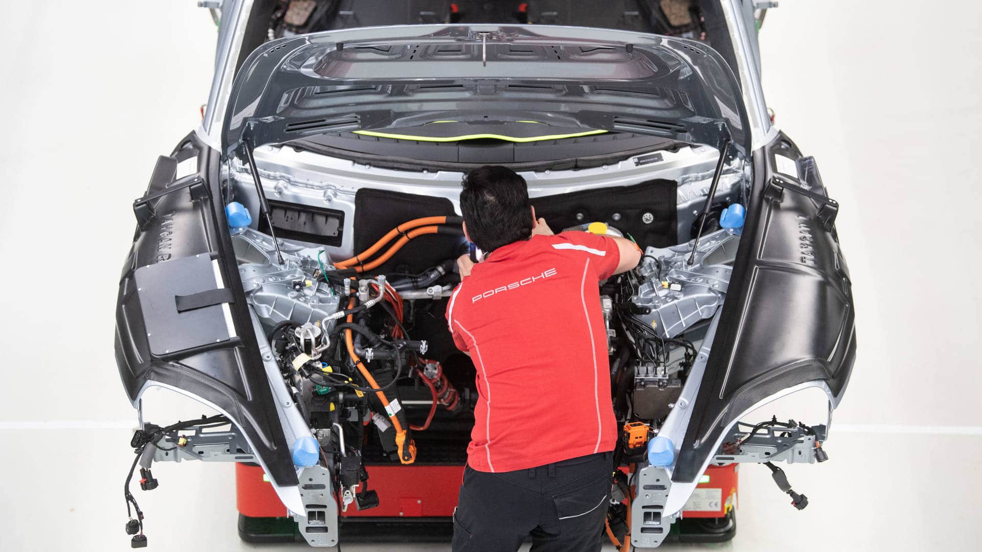 An electric sports car on the production line.