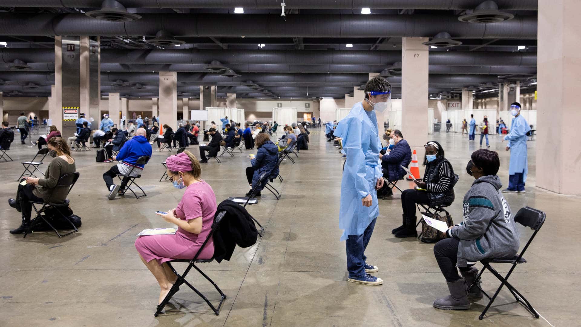 Just after getting a Covid-19 vaccination, recipients are monitored for 15 minutes at the Pennsylvania Convention Center in January.