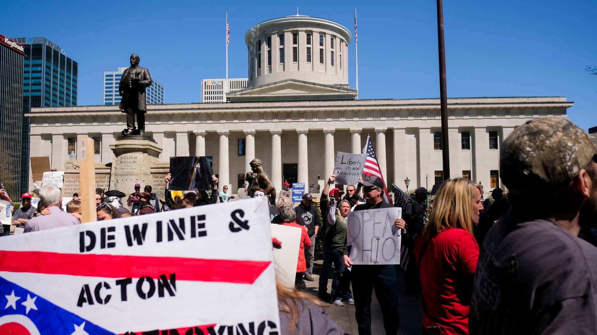 Protesters gather at the Ohio Statehouse to protest the 'Stay at Home' order on April 20, 2020.