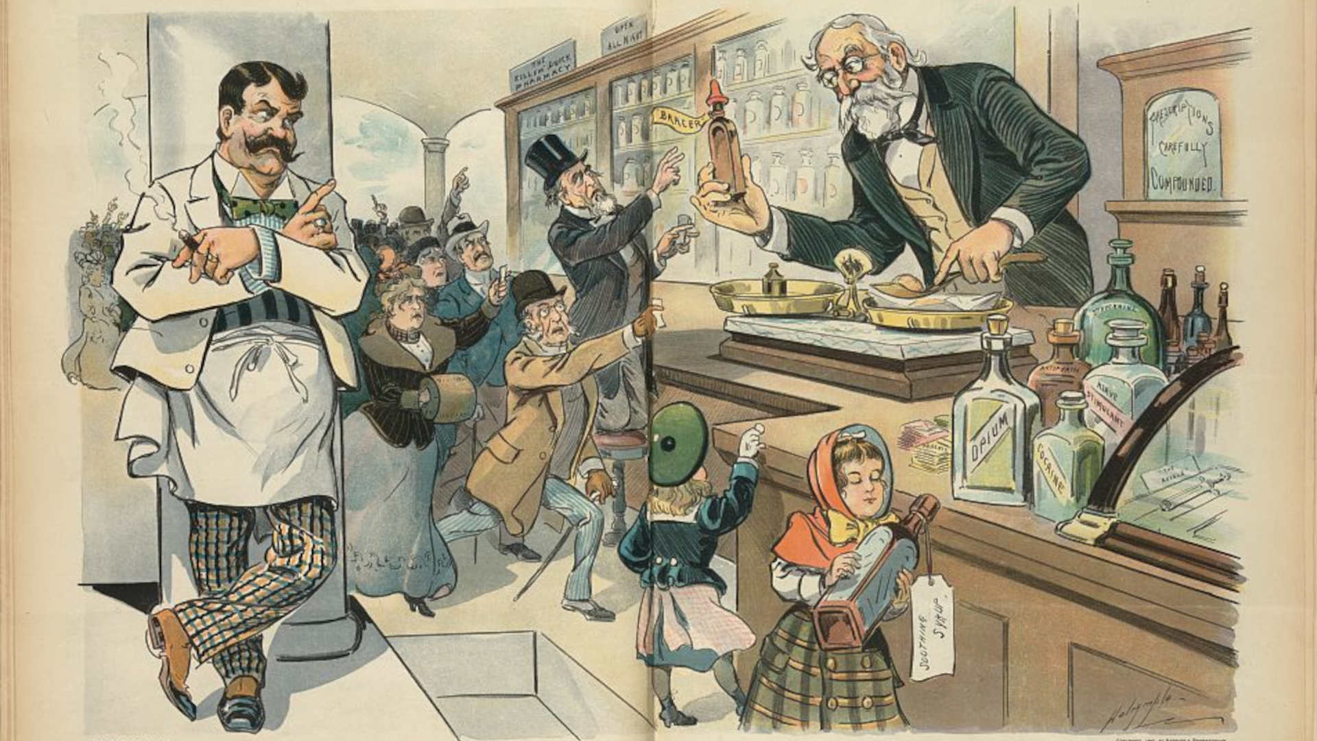A cartoon illustration of a drugstore from the magazine Puck, published in 1900. At that time, opioids and needle kits could be bought over the counter.