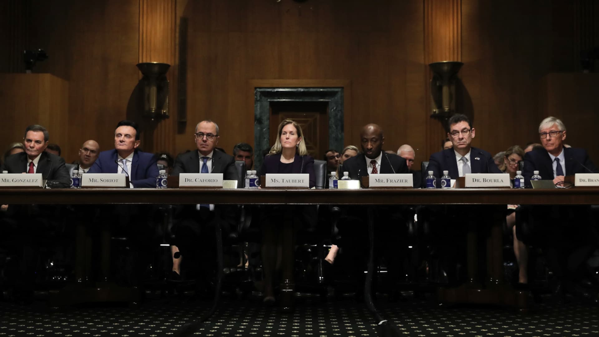 In a 2019 hearing, CEOs of major pharmaceutical companies, including AbbVie, AstraZeneca, Johnson & Johnson, and Pfizer, testify before the Senate Finance Committee.