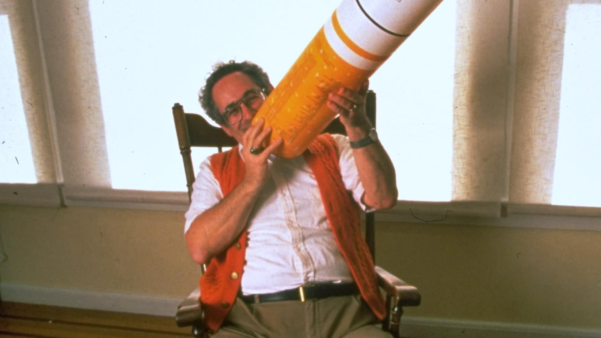 Anti-tobacco researcher and activist, Stanton Glantz, poses with a giant cigarette in 1996.