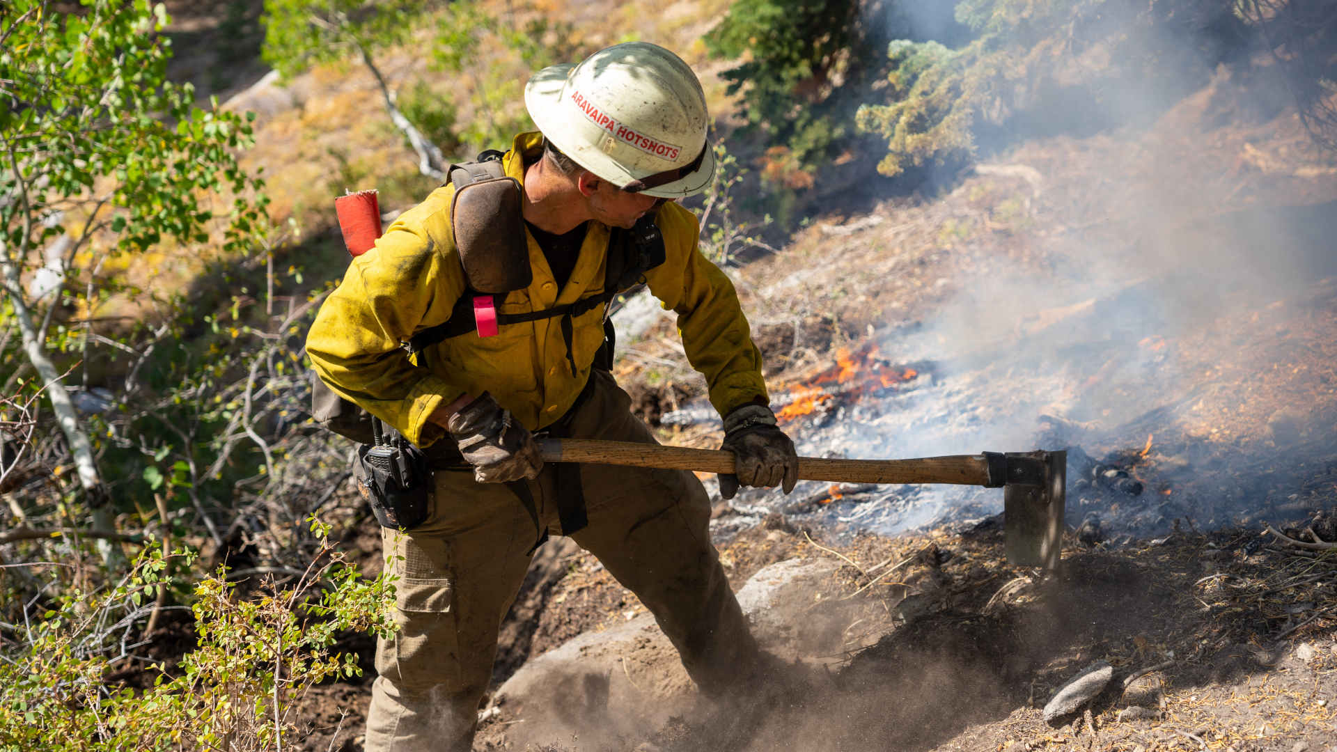 The Aravipa Hotshots work on the Caldor Fire near South Lake Tahoe on Sept. 11, 2021.