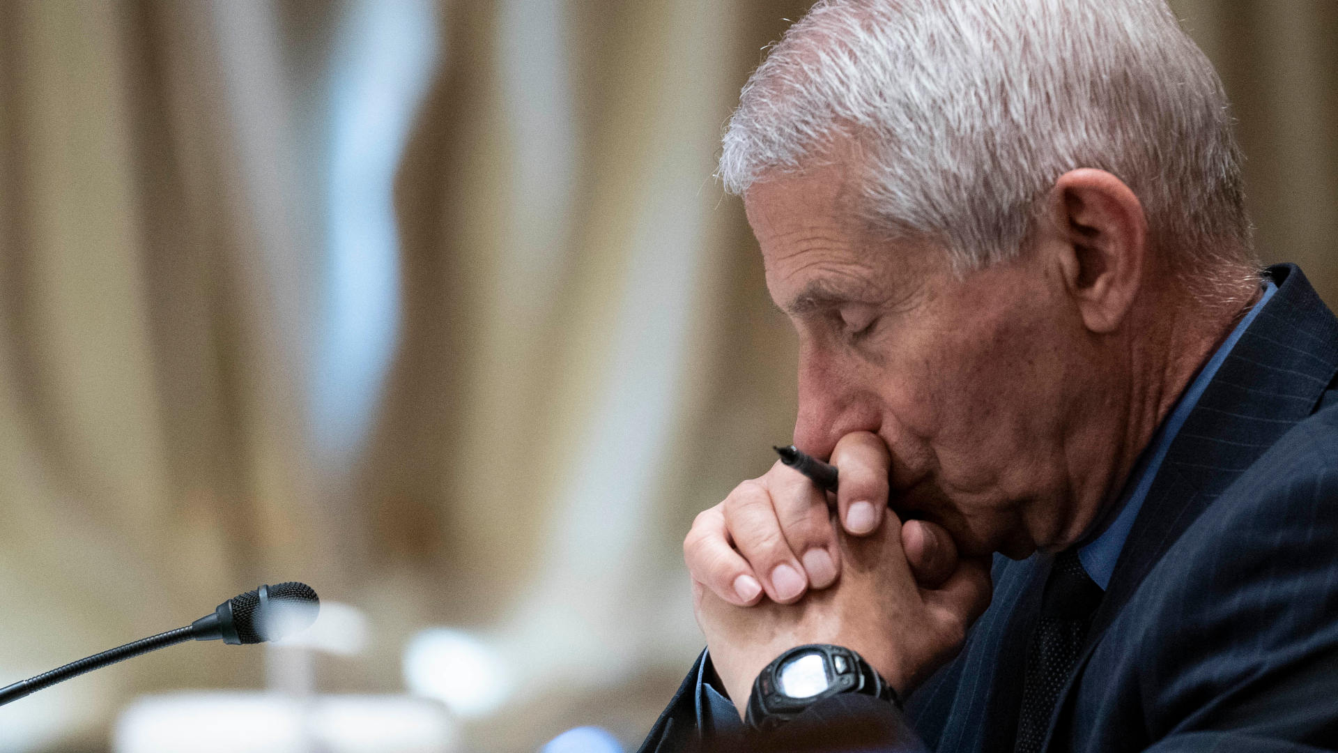 Anthony Fauci listens during a Senate hearing looking into the state of medical research and budget estimates for the National Institutes of Health in May 2021.