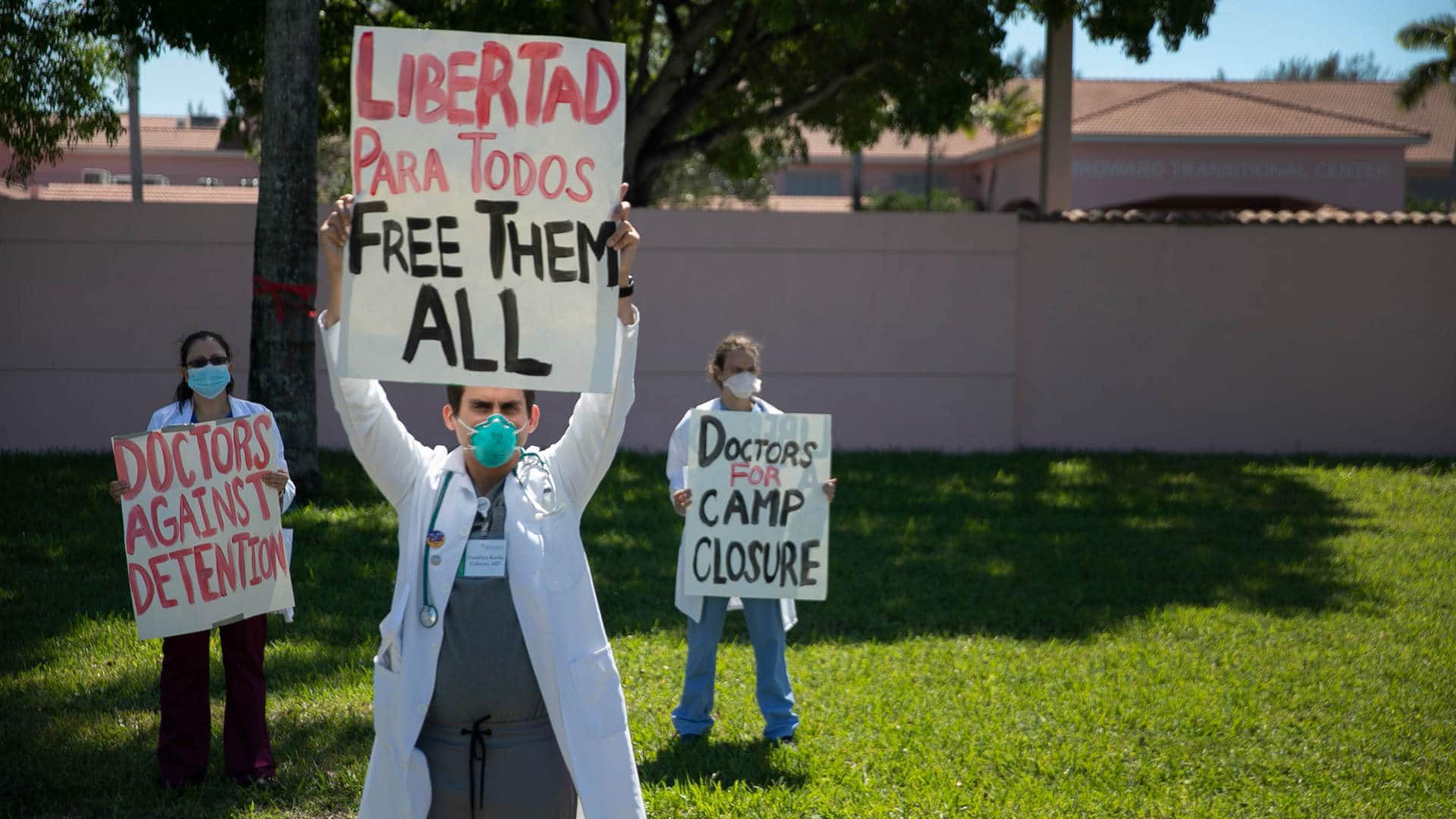 Health professionals protest outside of an ICE facility on May 1, 2020 in Pompano Beach, Florida.