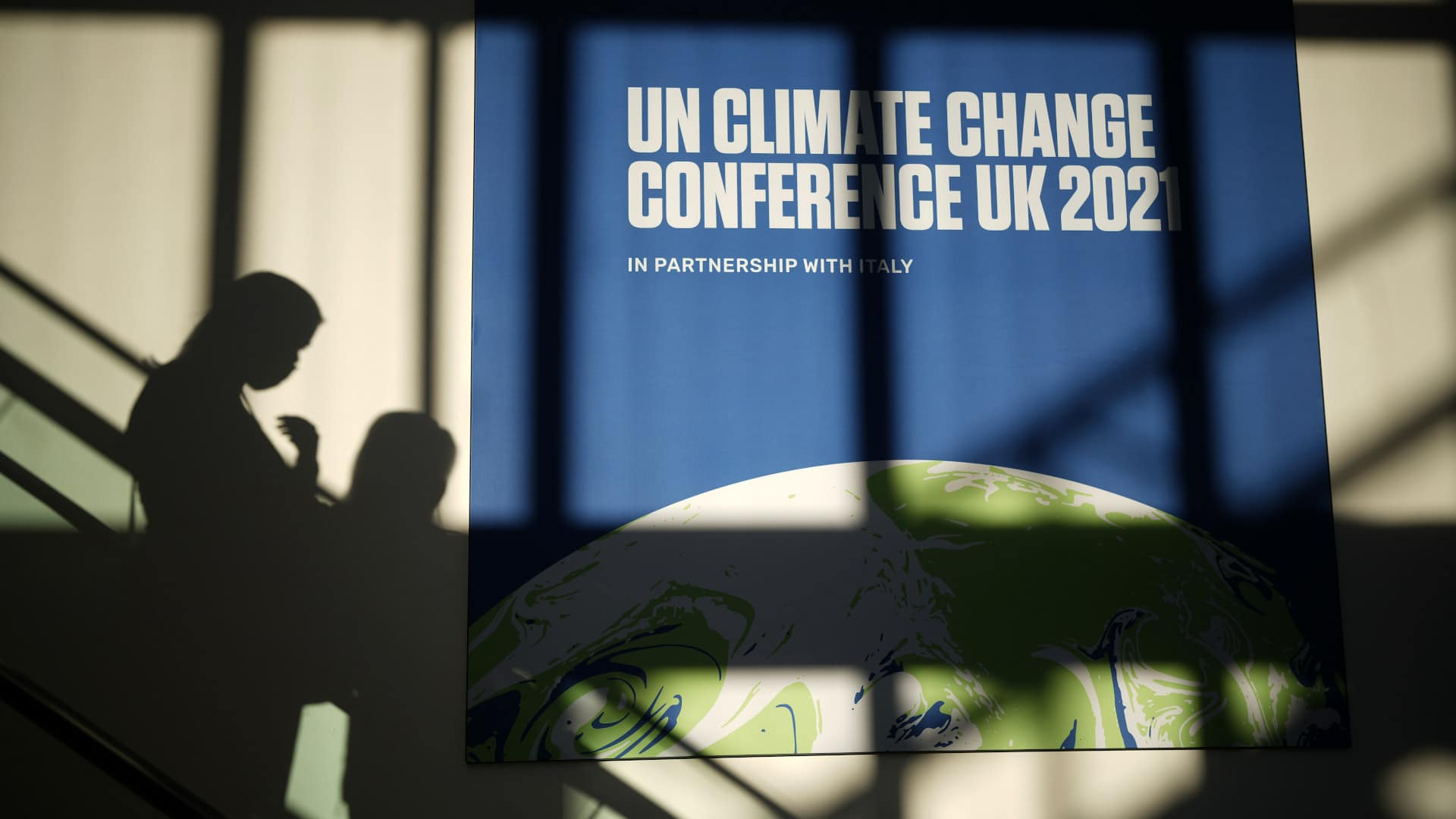 Delegates arrive to bright sunshine on Energy Day at the COP26 climate summit at the SEC on Nov. 4, 2021 in Glasgow, Scotland.