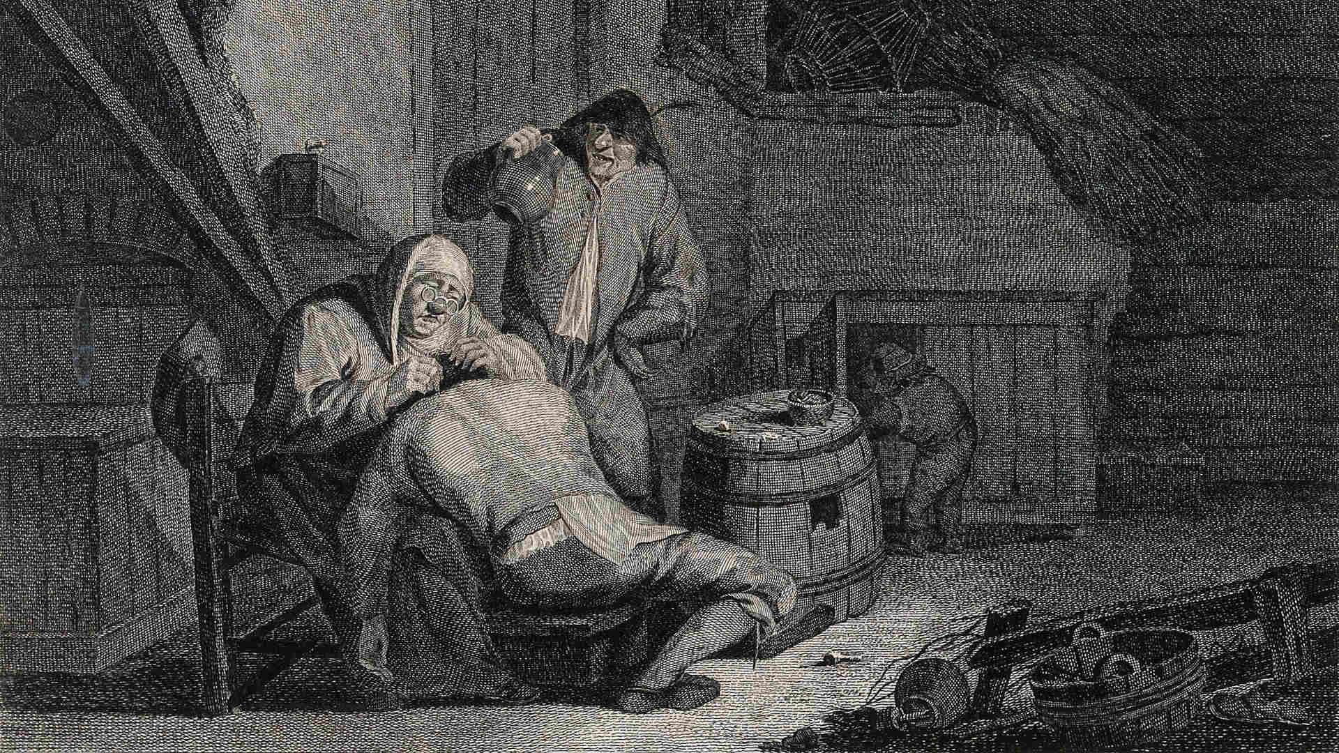 An old woman wearing spectacles picking fleas or lice from a man's hair. Engraving by L.At. (?) after A. van Ostade.