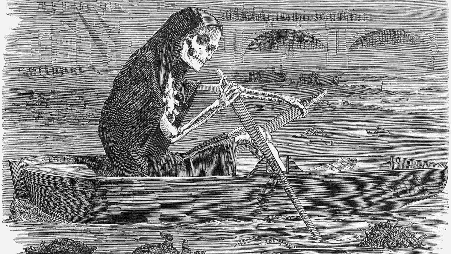 "The Silent Highway - Man," an 1858 cartoon from Punch magazine showing Death rowing the waters of the River Thames, which were choked with human and animal excrement.