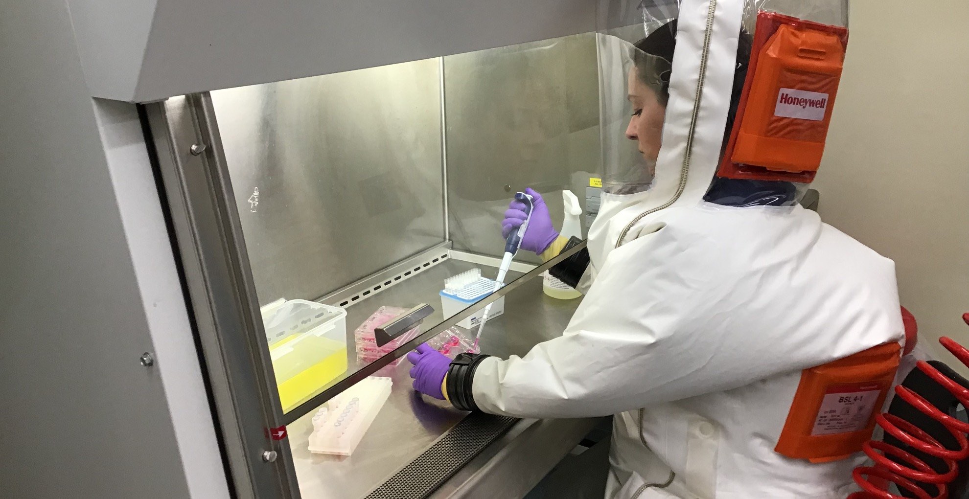 A researcher at work in the BSL-4 in the National Emerging Infectious Diseases Laboratories (NEIDL) in Boston.