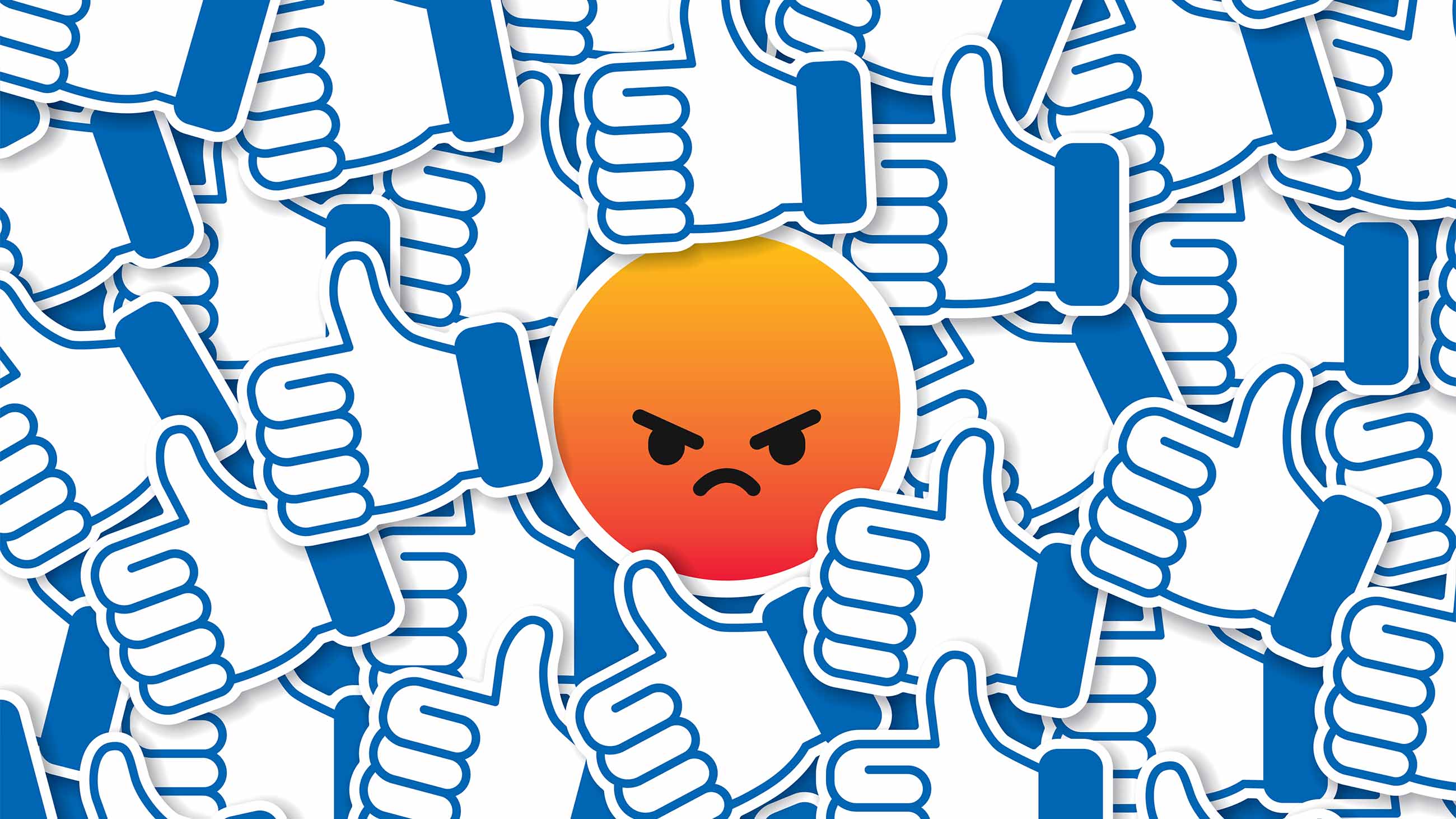 Vector illustration of an angry emoticon amongst a pile of thumbs up.