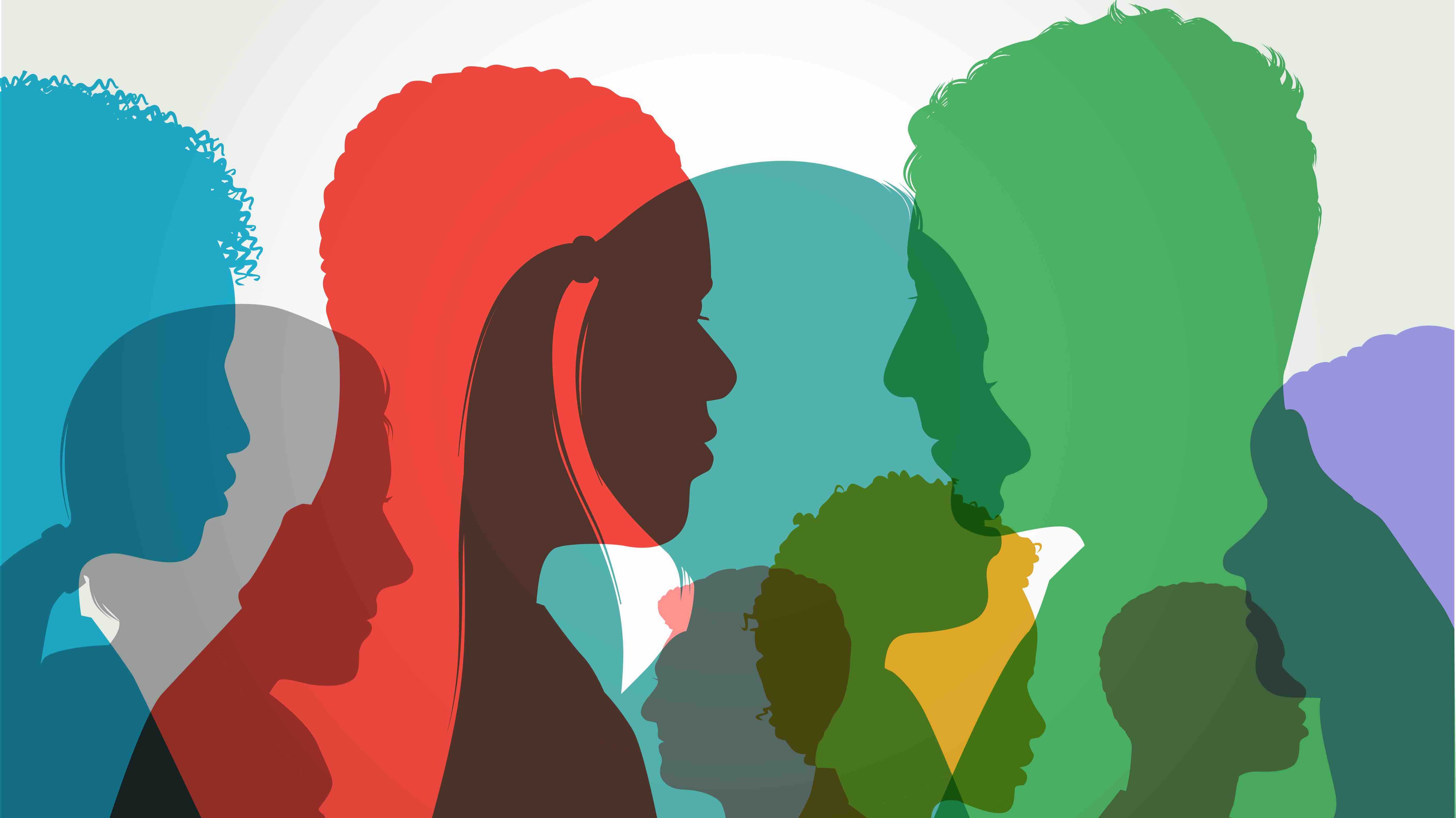 silhouettes of faces shown in blue, red, teal, green, purple and yellow