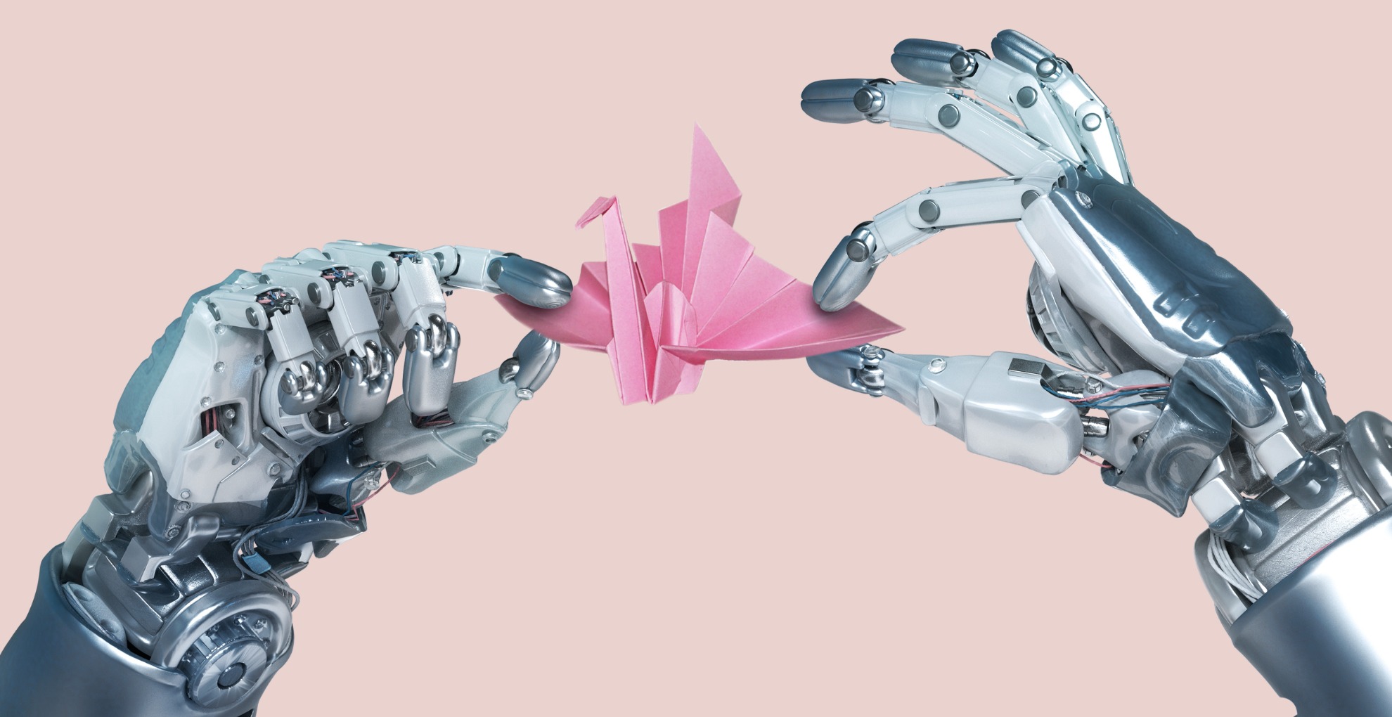two robotic hands folding a pink origami crane