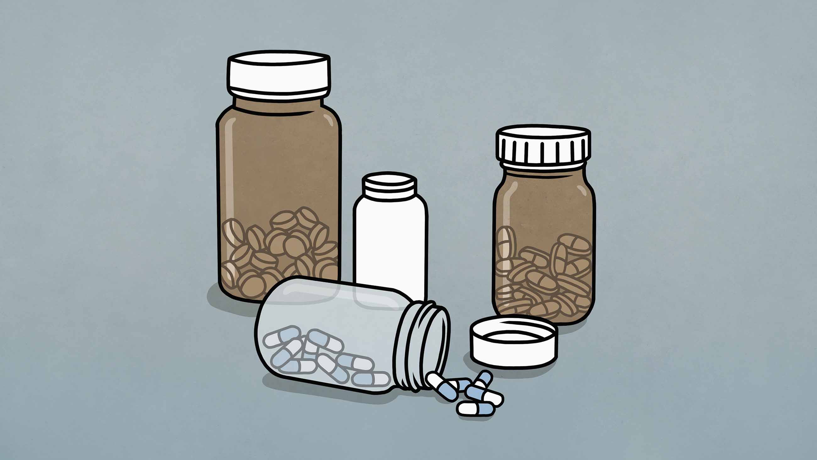 An illustration of four pill bottles. The bottle in the front is tipped over and pills are spilling out.