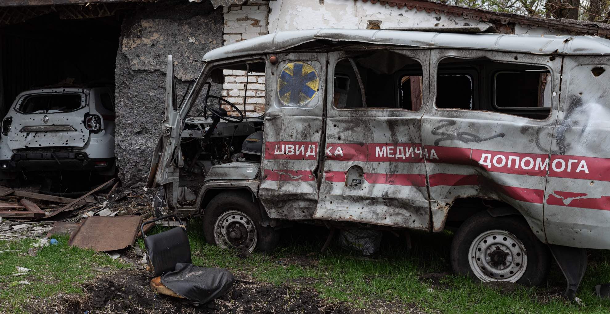 An ambulance was destroyed in Novyi Bykiv, Ukraine.