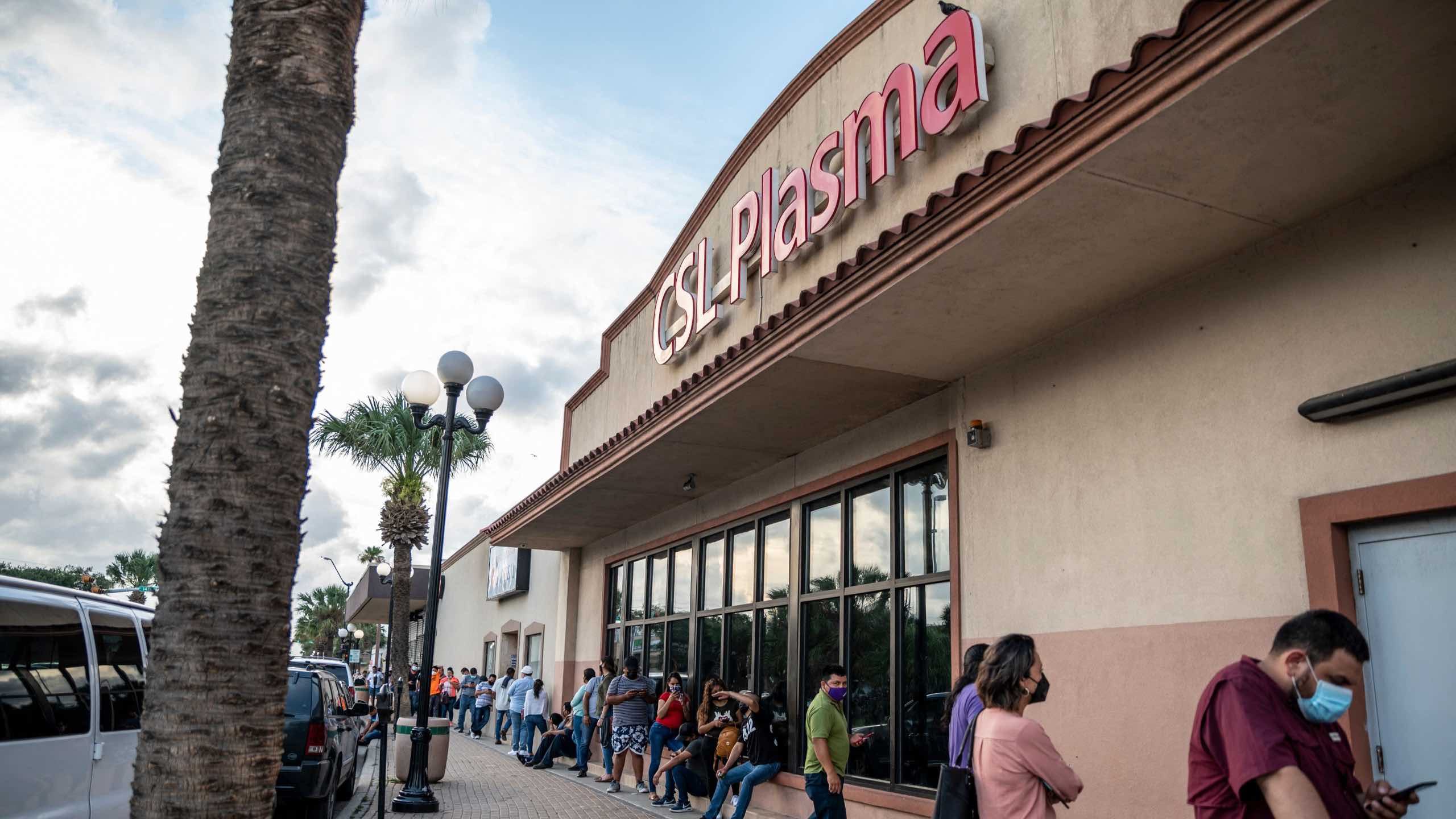 People wait in line at CSL Plasma in Brownsville, Texas, on May 25, 2021. On June 14, 2021, Customs and Border Protection sent out “clarifying guidance” that selling plasma on a visitor visa was not allowed.
