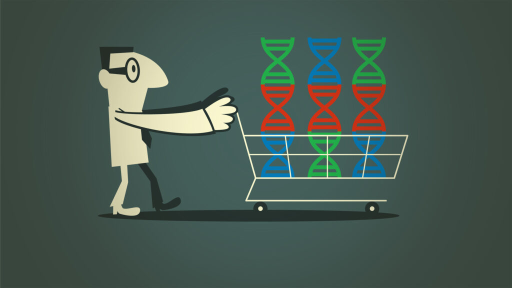 Cartoon of man pushing shopping cart with DNA inside.