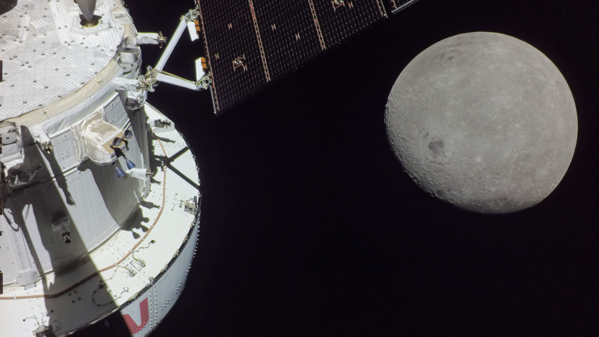 On the sixth day of the Artemis I mission in November 2022, a portion of the far side of the moon looms large just beyond the Orion spacecraft.