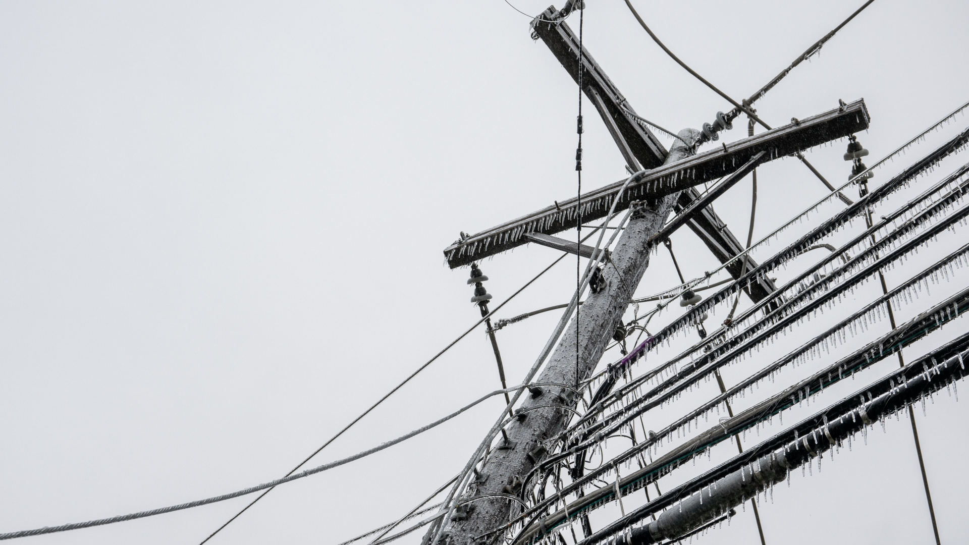 Frozen power lines in Austin, Texas are seen nearly toppled over on Feb. 1, 2023.