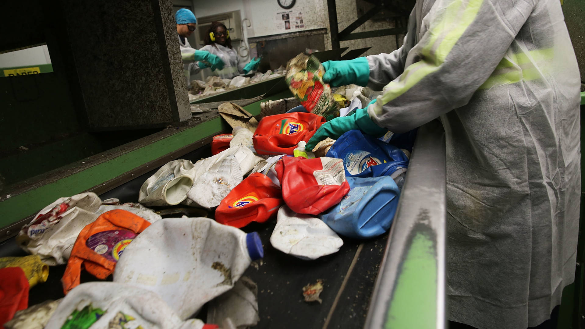 In 2015, recycling is sorted at the Sims Municipal Recycling Facility in New York City.