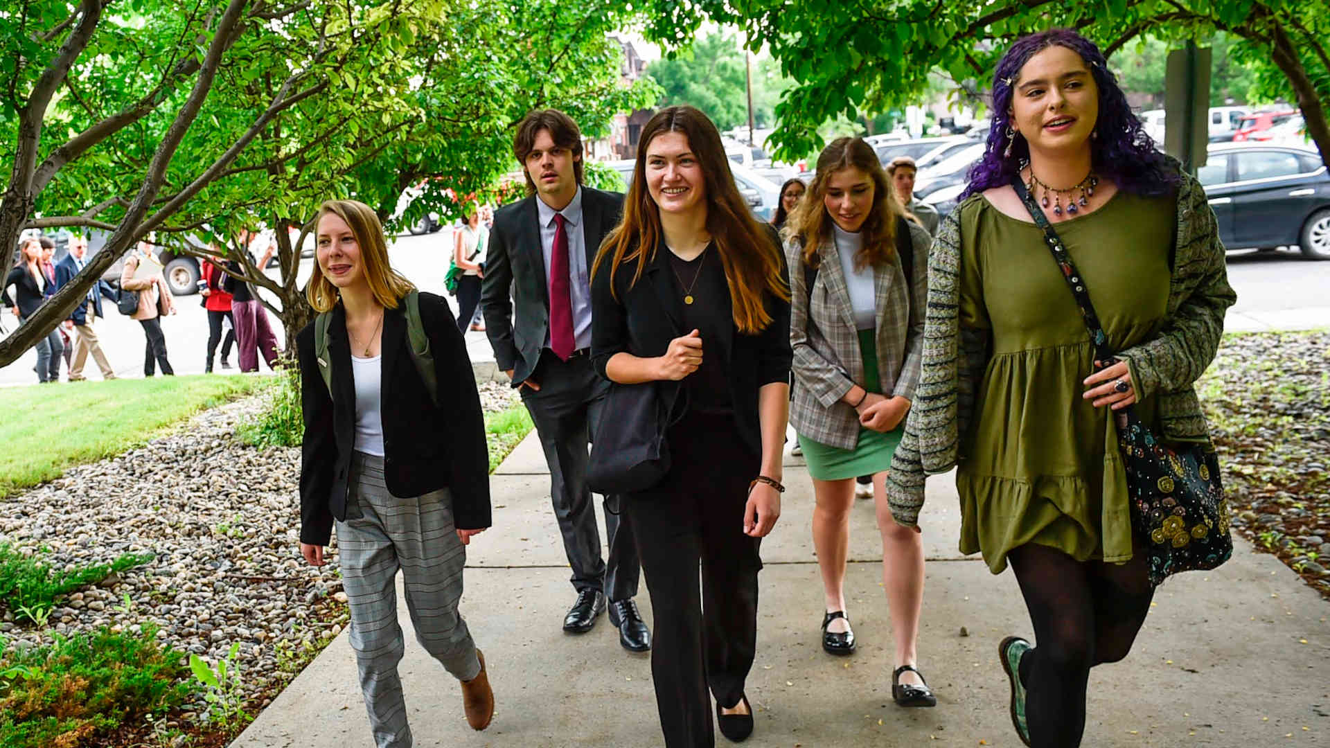 Youth plaintiffs in the climate change lawsuit, Held vs. Montana, arrive at the Lewis and Clark County Courthouse on June 12, 2023, for the first day of hearings in the trial.