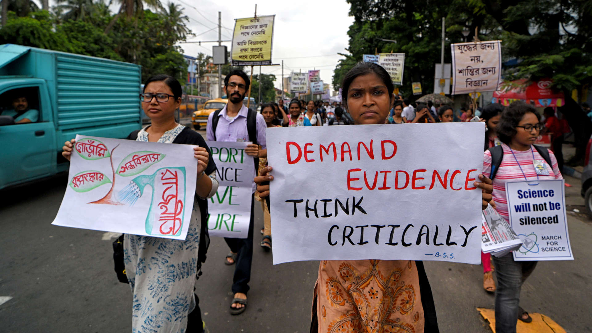 Scientists and students participate in the 2019 March for Science at Rajabazar Science College, Kolkata, West Bengal, India.