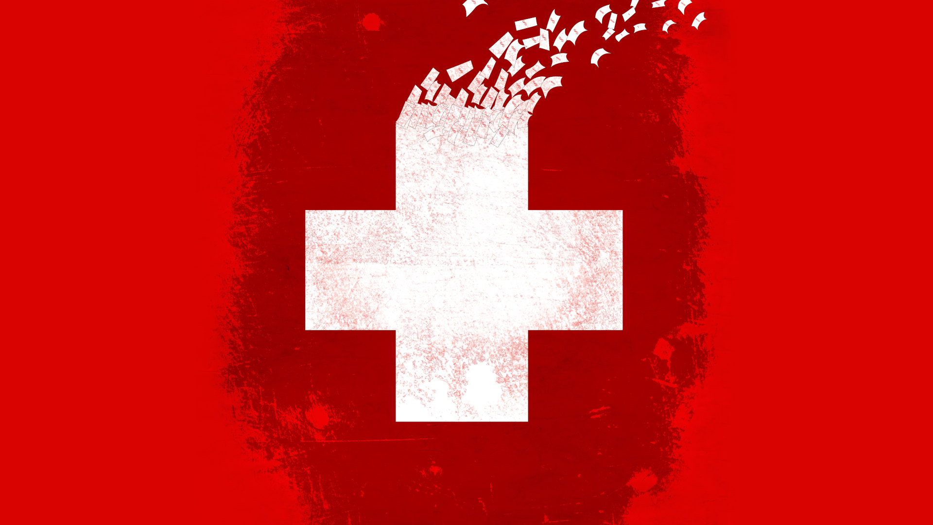 white health care symbol on a red background dissolves into dollar bills.