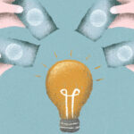 A lightbulb surrounded by hands holding dollar bills