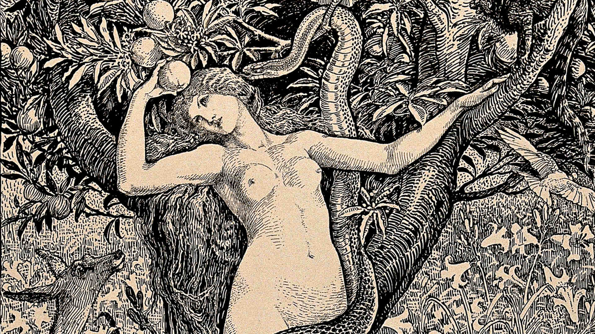 A depiction of Eve and the serpent.