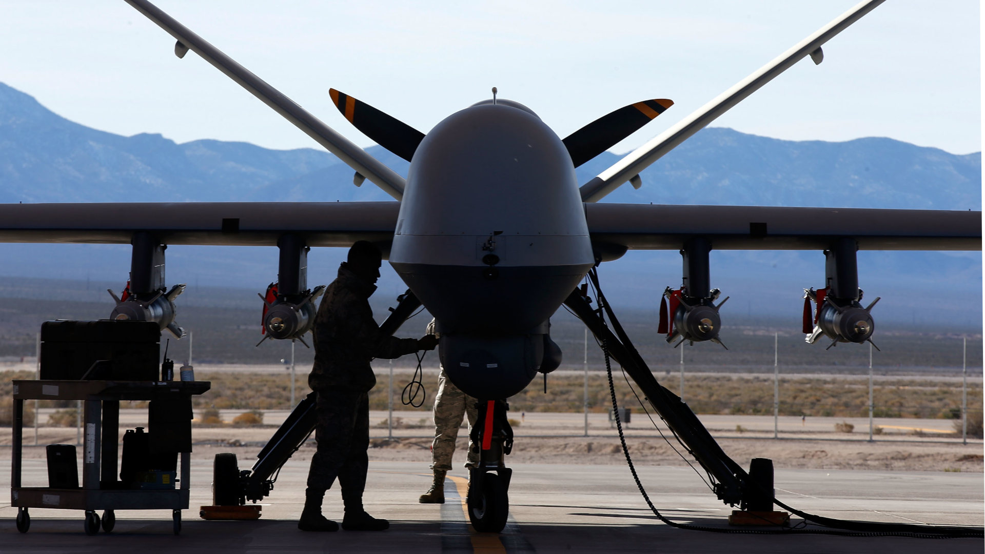 An MQ-9 Reaper remotely piloted aircraft, which can also operate autonomously, is prepared for training mission at Creech Air Force Base on November 17, 2015 in Indian Springs, Nevada.