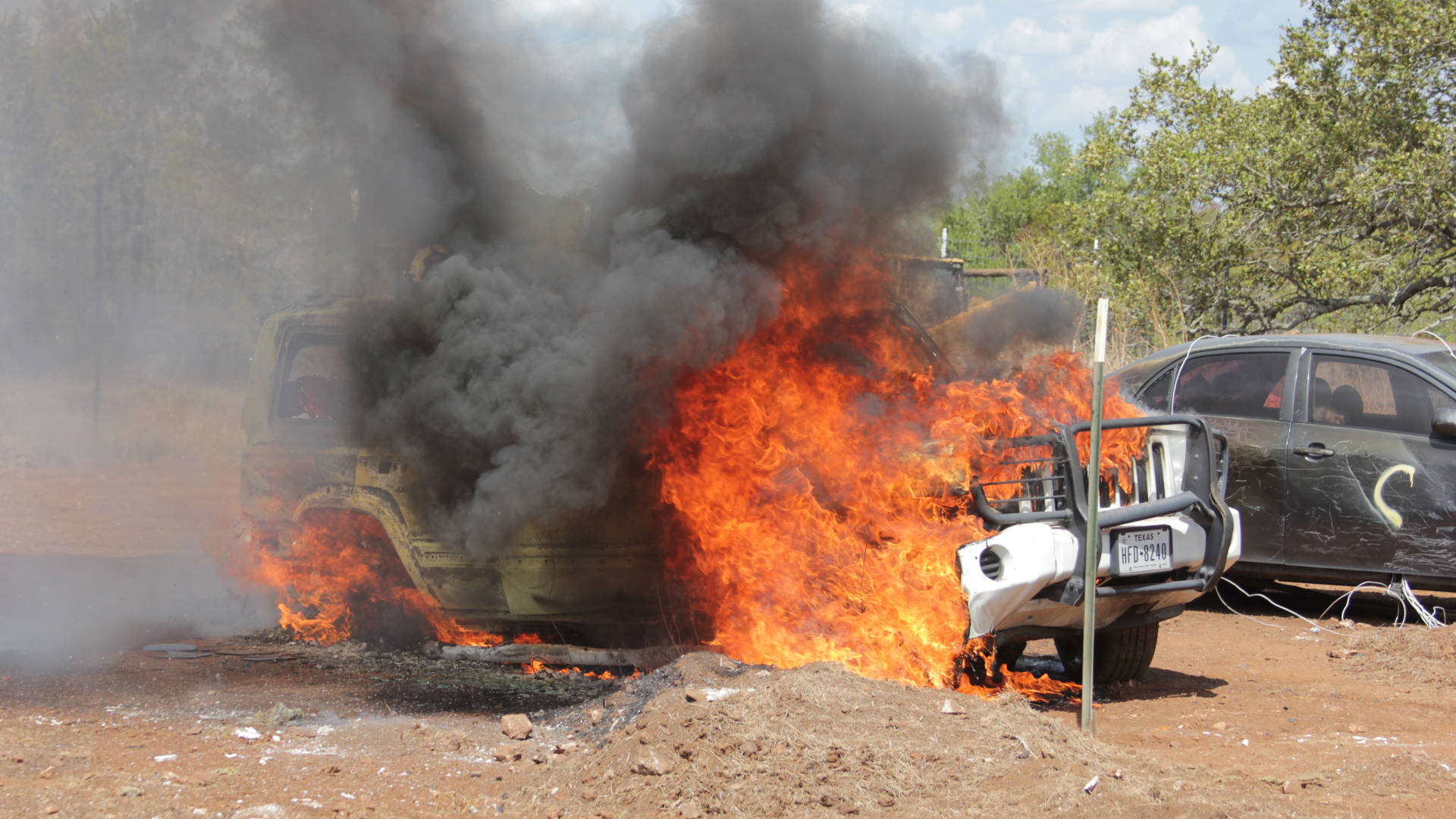 A Jeep engulfed in flames at the Forensic Anthropology Center in San Marcos, run by Texas State University, which hosts an annual course uniting two rapidly evolving fields: fire dynamics and anthropology.