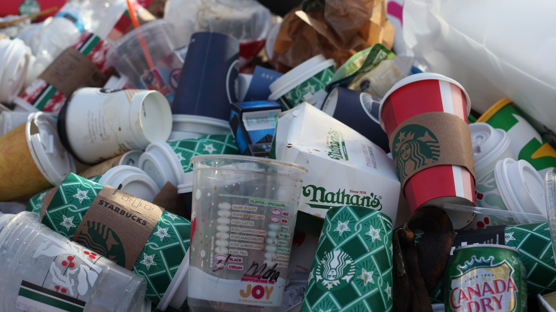 single-use plastic cups and coffee cups