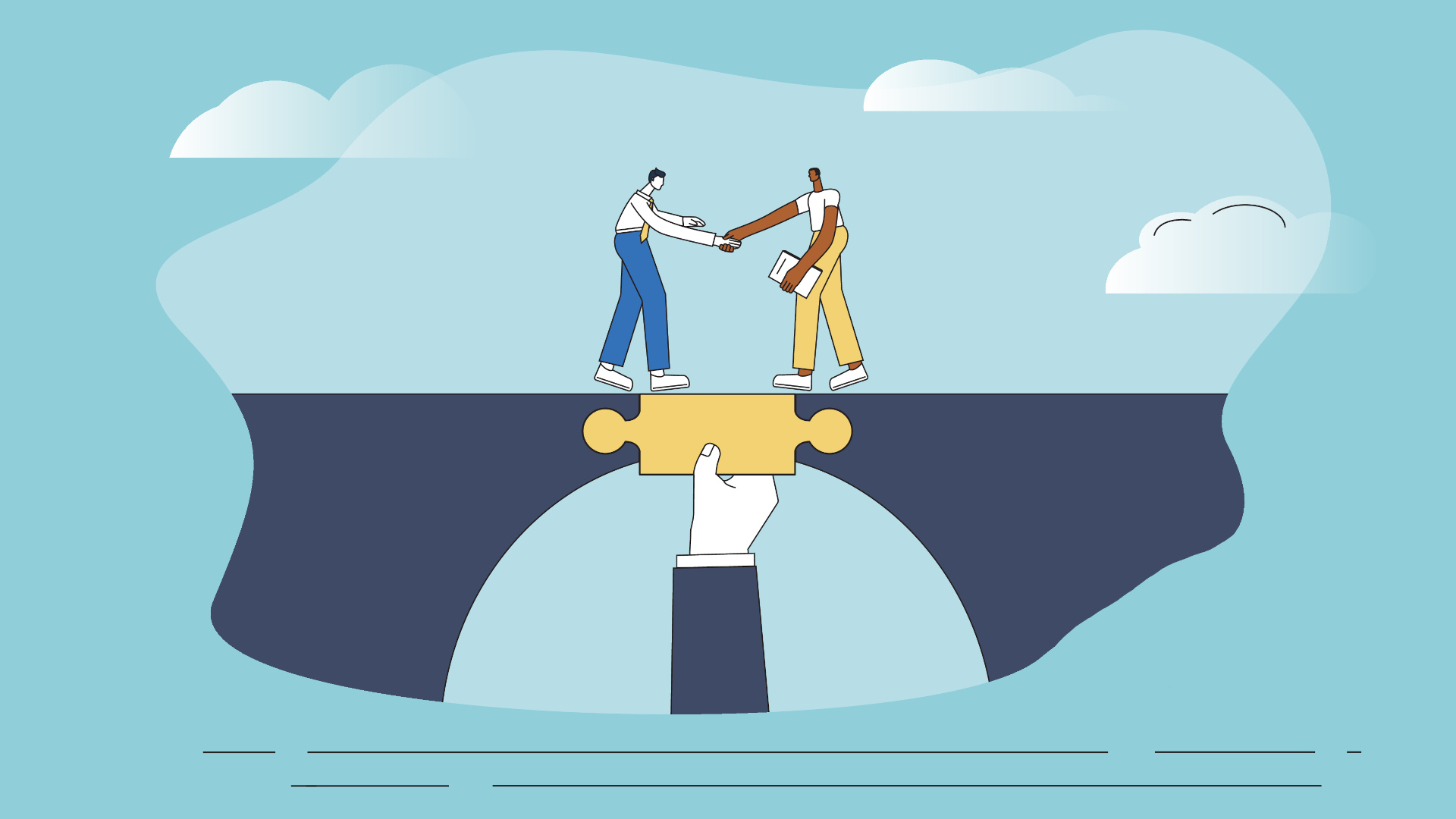 two figures shaking hands while standing on a bridge that has been repaired with a puzzle piece